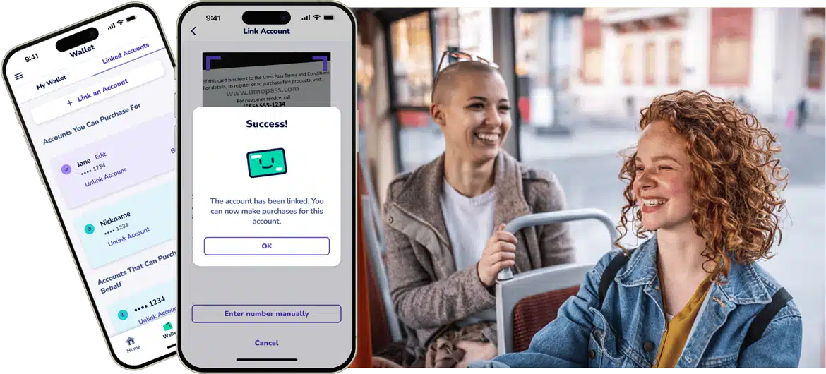 Women on bus smiling with Umo Account Linking mobile screens